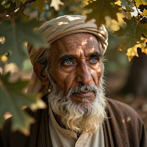 Photograph of an elderly man with a white beard and piercing blue eyes, wearing a beige turban and brown robe, surrounded by autumn leaves. Sun