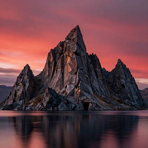Photograph of jagged mountain peak at sunset, bathed in vibrant pink and purple hues, with calm water reflecting the dramatic sky.