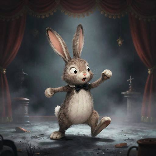 Burtonesque Marionette Rabbit in Foggy Theater