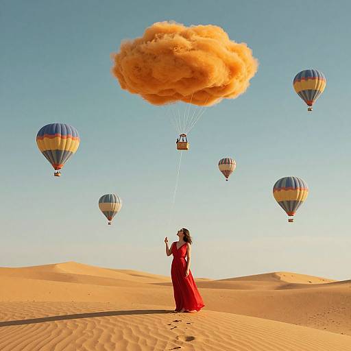 Photograph of a woman in a red dress controlling a large, orange, cloud-shaped balloon amidst six blue-striped hot air balloons over golden sand dunes