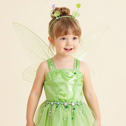 Photograph of a smiling young girl with brown hair in a bun, wearing a green fairy dress with wings, and a headband with flowers, against