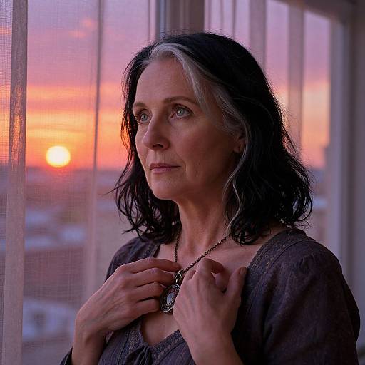 Photograph of middle-aged woman with black hair and white streak, wearing a grey blouse, holding necklace, gazing at sunset through window.