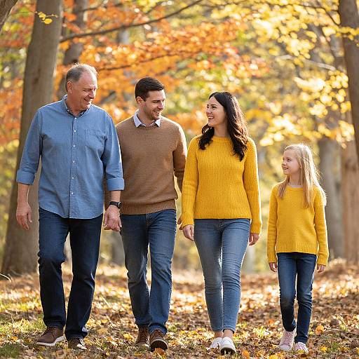 Photograph of a family of four walking in an autumn forest. Parents in yellow and brown sweaters, daughter in yellow sweater, father in blue shirt