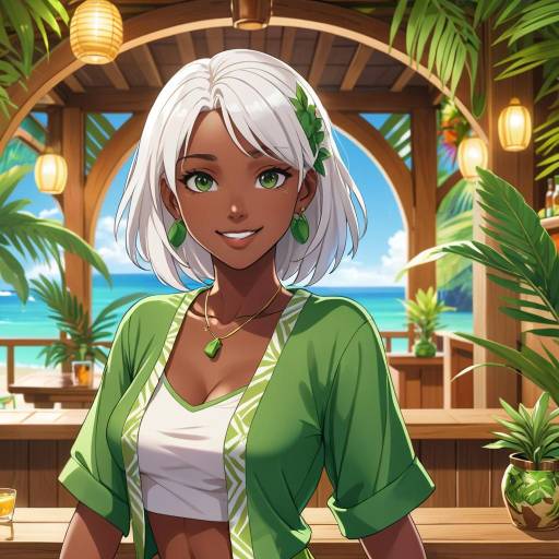 Anime Character in Tropical Bar Setting