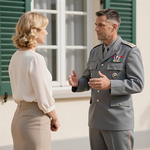 Sunlit Military Officer Gesturing to Woman