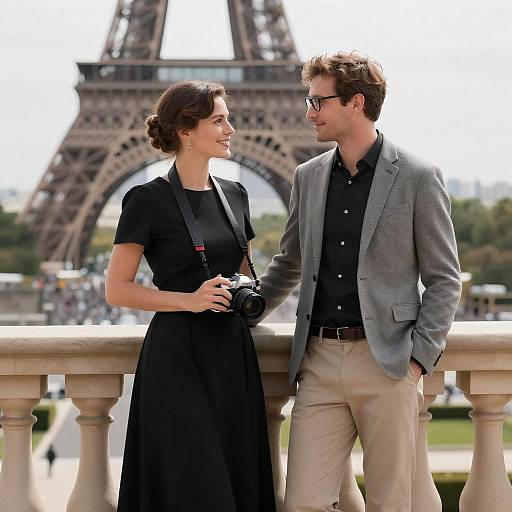 Romantic Balcony Moment with Eiffel Tower