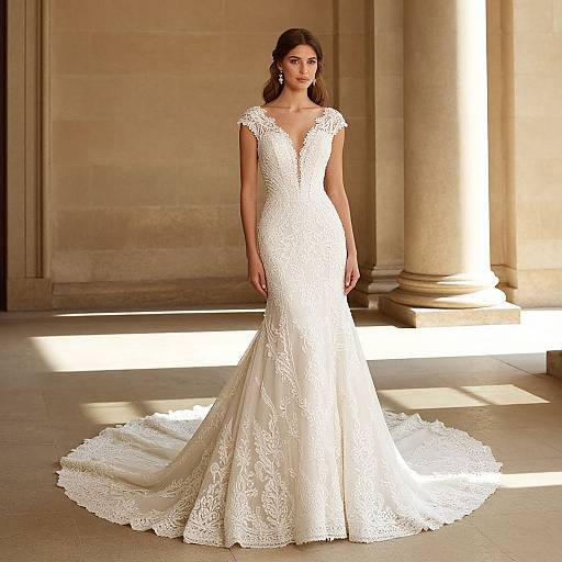 Photograph of a young woman in an elegant, lace-embellished, V-neck, form-fitting white wedding gown with a long train,