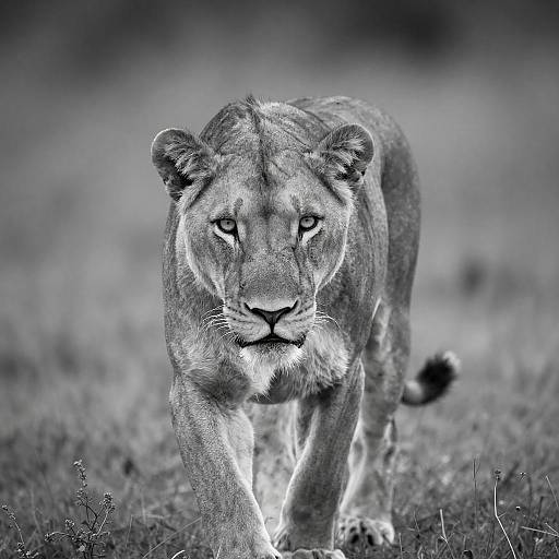 Powerful Female Lion in Black-and-White Photo