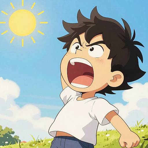 Cartoon boy with black hair, white shirt, blue pants, shouting under bright sun and blue sky with fluffy clouds, grassy field background.