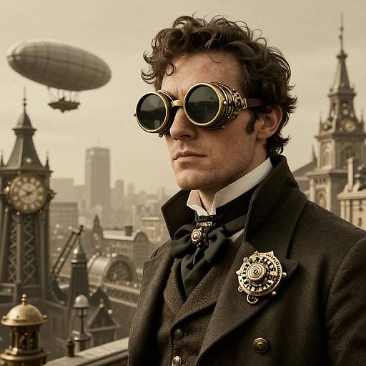 Steampunk man with curly hair, round goggles, black suit, bowtie, and brooch, standing in a foggy, Victorian cityscape