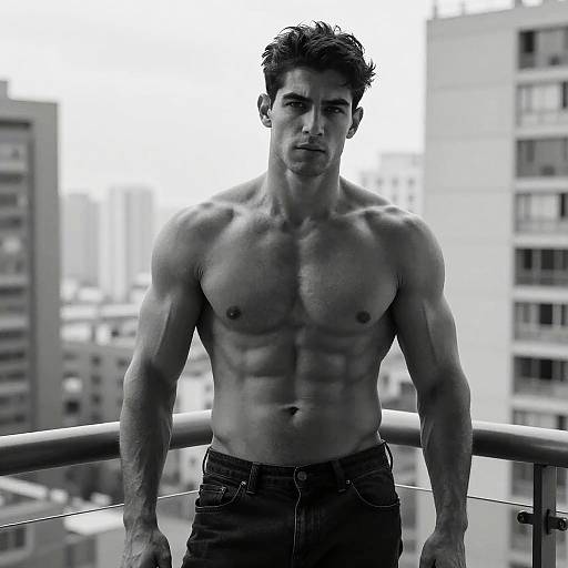 Black-and-white photograph of a muscular, shirtless man with short, dark hair, standing on a balcony with city buildings in the background. He wears