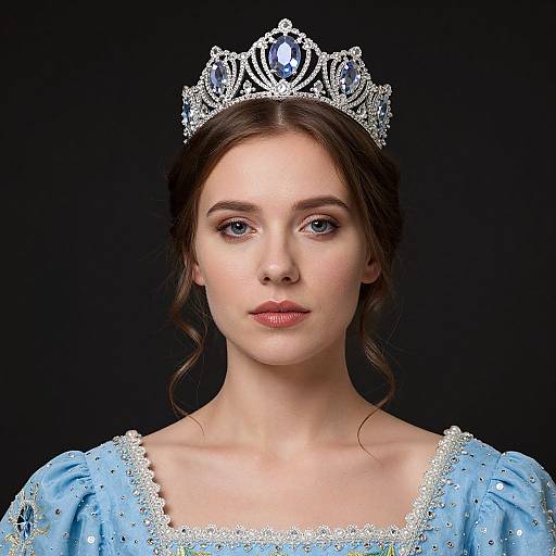 Photograph of a fair-skinned young woman with blue eyes, wearing a silver tiara and light blue, sequined, princess-style dress, against