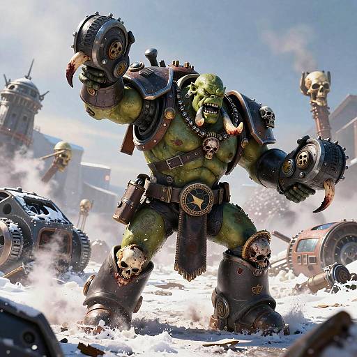 Ork Warlord Charging Through Frozen Tundra