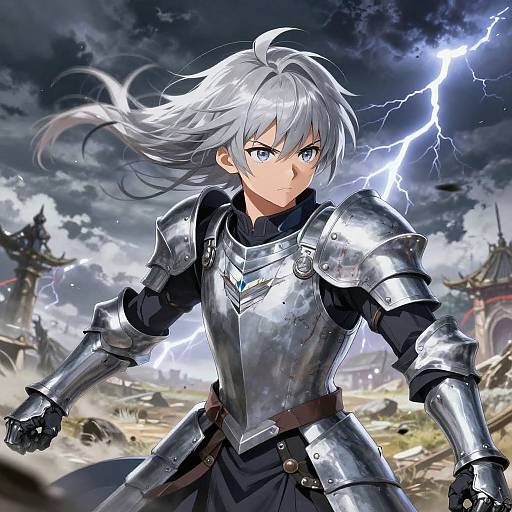 Anime-style digital artwork of a silver-haired, blue-eyed knight in shiny armor, standing in a stormy battlefield with lightning, wearing determined expression.