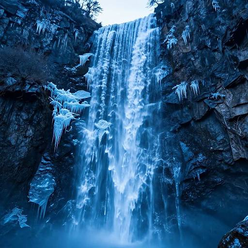 Photograph of a vibrant blue waterfall cascading down rugged, icicle-covered rocks, surrounded by dark, textured cliffs with icicles hanging from the edges