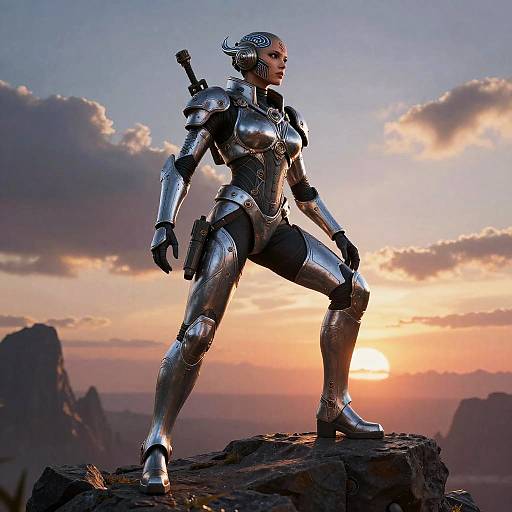 CGI image of a silver armored woman with a cybernetic head, standing confidently on a rocky peak at sunset, with mountains and clouds in the