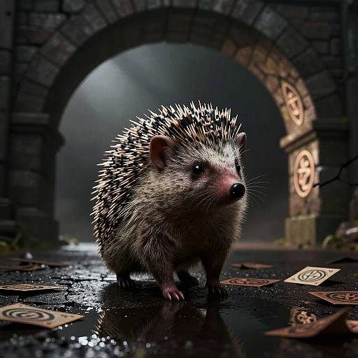 Photorealistic CGI of a spiky hedgehog standing in a dark, wet stone archway with illuminated ancient symbols on the ground.
