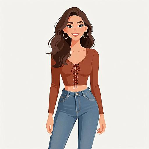 Digital illustration of a smiling woman with long brown hair, wearing a brown lace-up crop top and blue high-waisted jeans, standing against a white