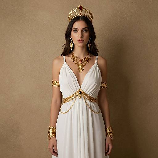 Photograph of a woman with dark hair, wearing a white, deep V-neck dress, gold jewelry, crown, and armlets, standing against a