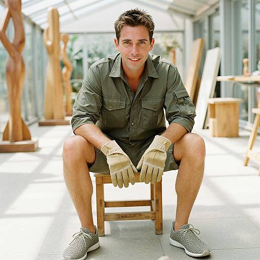 Photograph of a smiling, fit, Caucasian man with short brown hair, wearing a green shirt, beige gloves, and grey sneakers, sitting on a