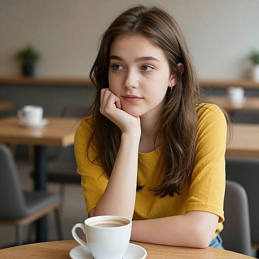 Photograph of a young woman with fair skin and long brown hair, wearing a yellow shirt, resting her chin on her hand, sitting at a café