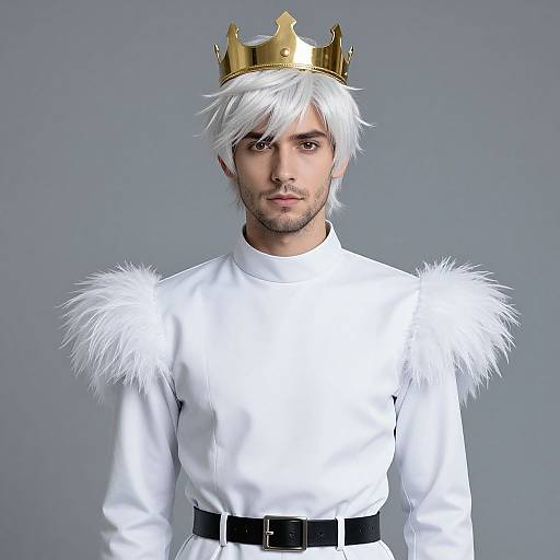 Photograph of a man with white hair, light skin, and stubble, wearing a gold crown, white furry-shouldered shirt, and black