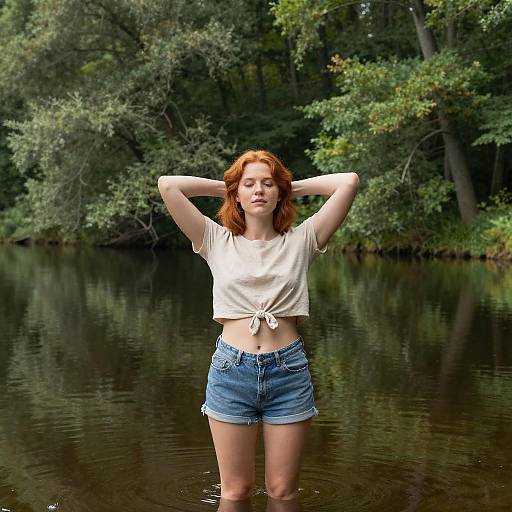 Photograph of a red-haired woman in a white tied crop top and blue denim shorts, standing waist-deep in a forested lake. Hands behind