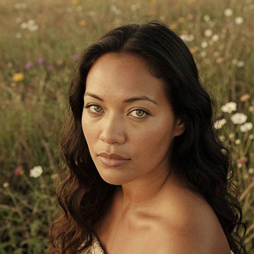 Photograph of a beautiful, young South Asian woman with long, wavy black hair, green eyes, and light brown skin, standing in a sun