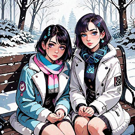 Winter Park Bench with Two Girls