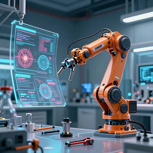 Photorealistic CGI of a futuristic orange robotic arm with glowing holographic screens displaying blue and red data, in a high-tech laboratory.