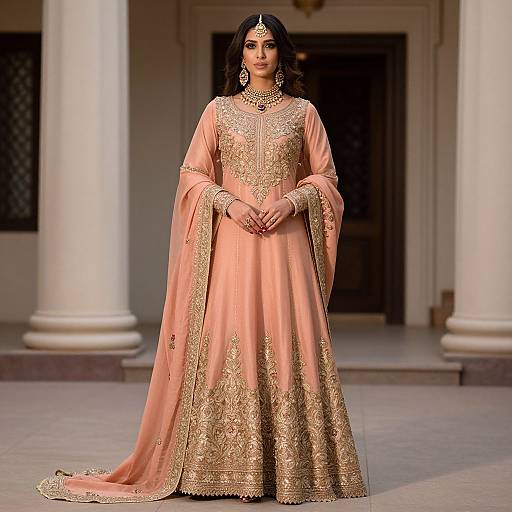 Photograph of a South Asian woman modeling an ornate, peach-colored traditional long kurta with gold embroidery, standing in front of white columns.