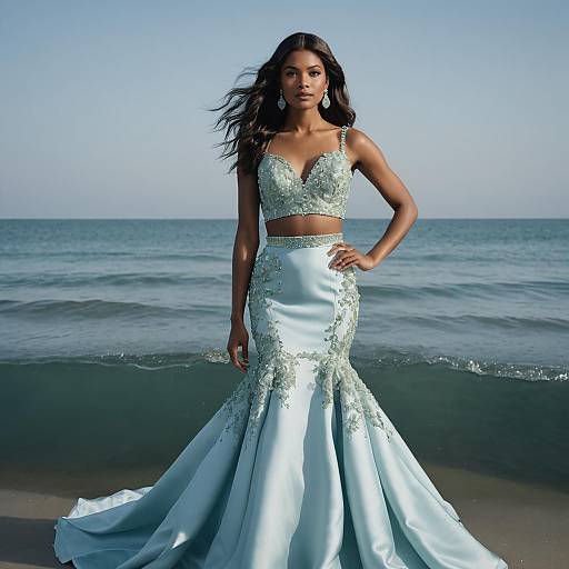 Elegant Woman in Icy Blue Two-Piece Gown by the Sea