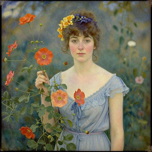 Whispering Woman, Victorian-style painting: Fair-skinned woman with curly brown hair, adorned with a yellow and blue flower crown, holds red pop