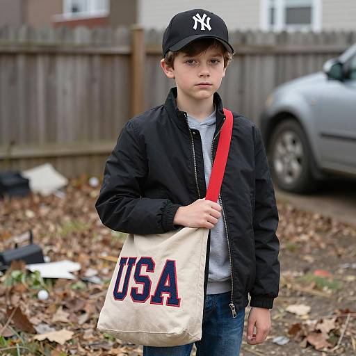 Young Boy in Backyard with Beige Bag