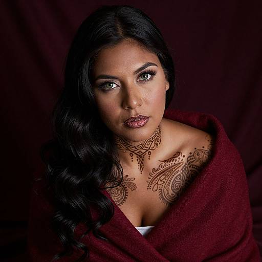 Photograph of a dark-haired woman with intricate henna tattoos, wearing a deep red shawl, against a dark maroon background.