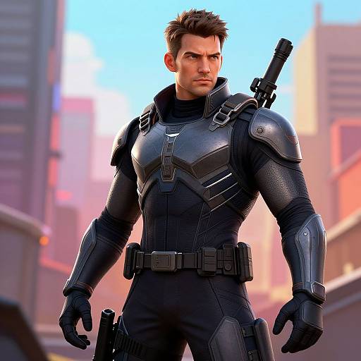 CGI image of a muscular, serious-looking man in black, armored suit with shoulder gun, standing in a cityscape at sunset.