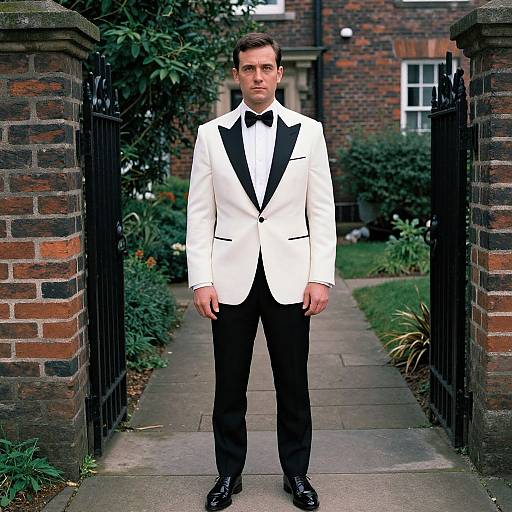 Photograph of a young Caucasian man with short brown hair, wearing a white tuxedo with black lapels, black bow tie, black pants,