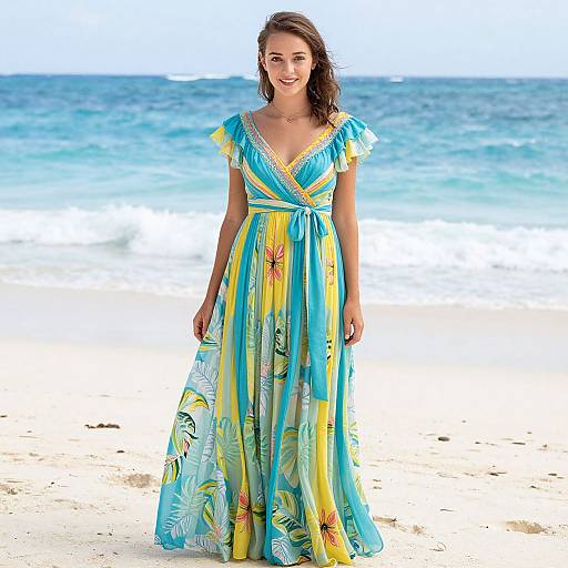 Photograph of a smiling woman with wavy brown hair, wearing a vibrant blue and yellow floral dress, standing on a sunny beach with clear blue ocean