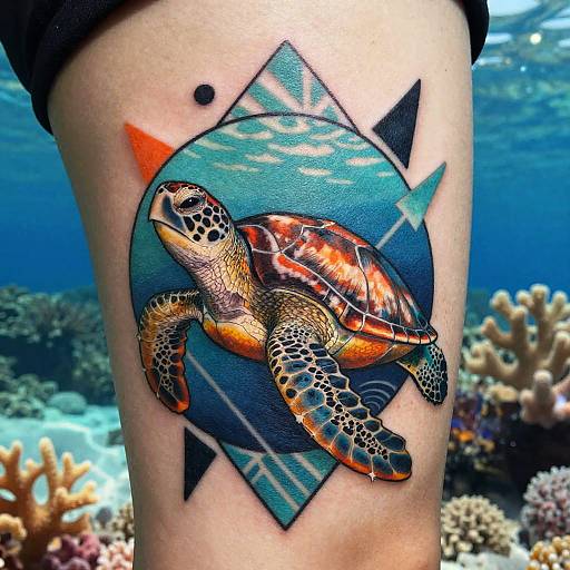 Colorful tattoo of a detailed sea turtle inside a blue diamond, surrounded by underwater coral and triangles, on a human thigh.