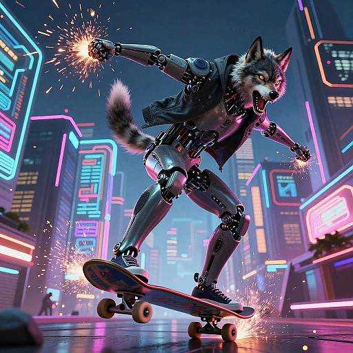 Android Wolf Gymnast Skateboarding Neon City
