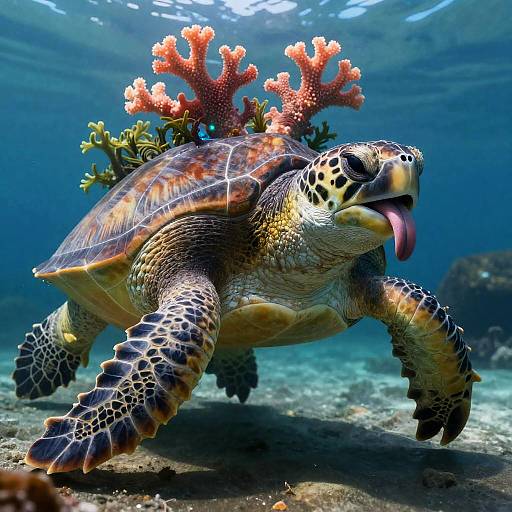 Ancient Sea Turtle with Coral Crown Underwater