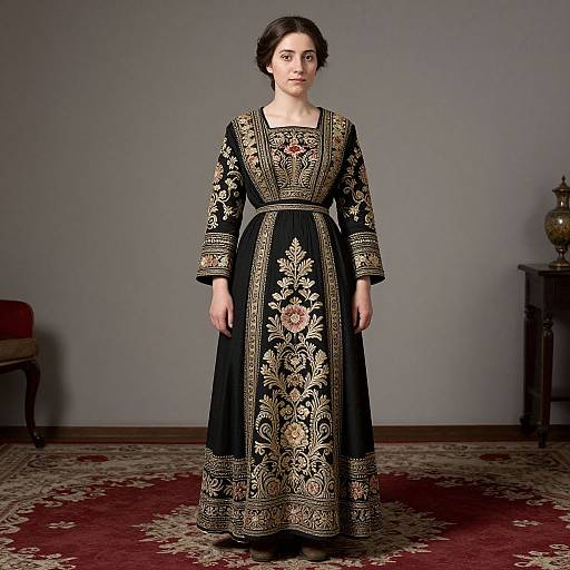 Photograph of a young woman with dark hair in an ornate black dress with gold and red floral embroidery, standing in a room with a red-pattern