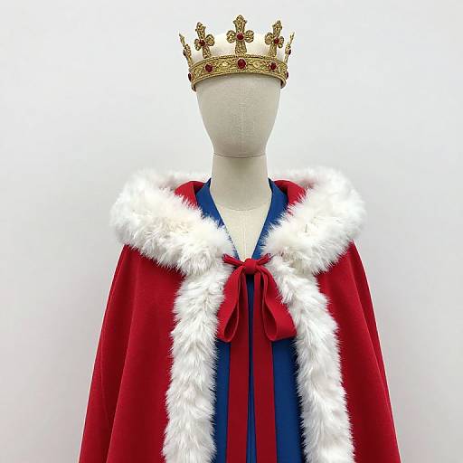 Photograph of a mannequin wearing a white crown, red velvet robe with blue stripes, and white fur trim, tied with a red bow.