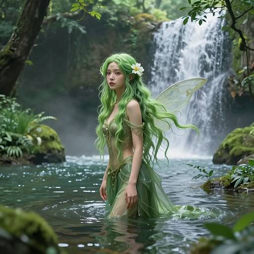 Digital fantasy artwork of a green-haired fairy with translucent wings standing in a mystical forest pond, waterfall in background.