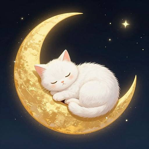 Digital illustration of a fluffy white cat sleeping peacefully on a glowing, golden crescent moon against a dark, starry night sky.