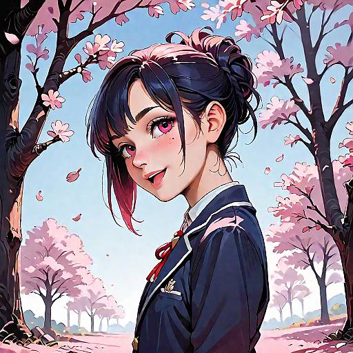 Cheerful Schoolgirl Beneath Cherry Blossoms