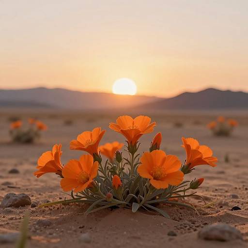 Photograph of vibrant orange poppies blooming in a sandy desert at sunset, with the sun partially obscured by distant mountains.