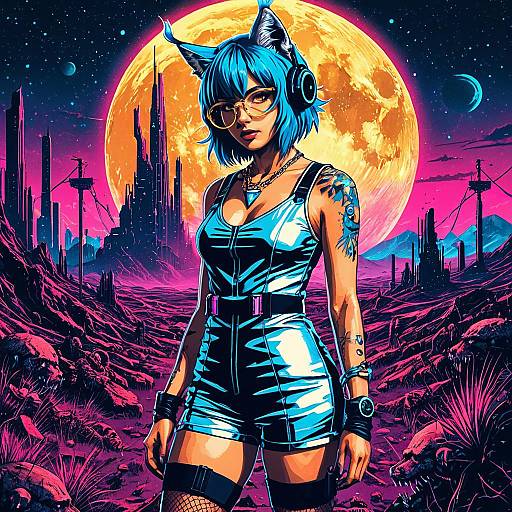 Futuristic Anthropomorphic Lynx Woman in Sci-Fi Landscape