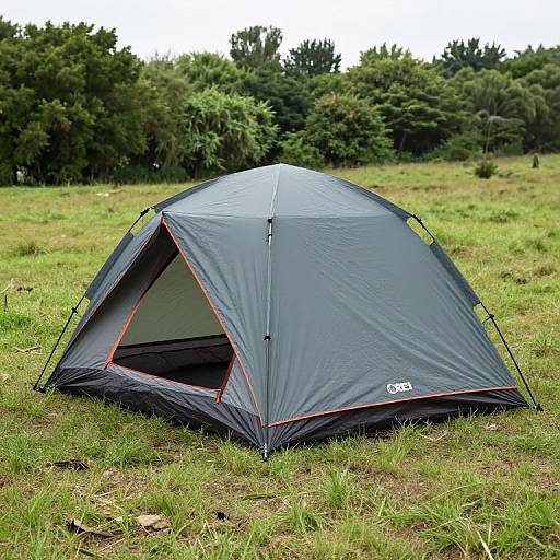 Photograph of a dark gray camping tent with orange trim, pitched on a grassy field with dense trees in the background. Tent has 