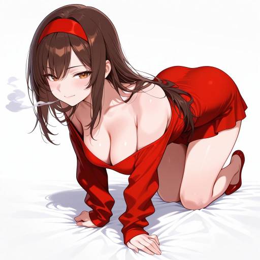 Photograph of a young woman with fair skin, dark brown shoulder-length hair, wearing a red off-shoulder dress and white headband, on